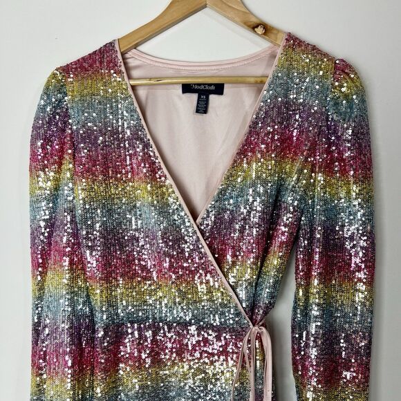 ModCloth Take A Shine Sequin Wrap Dress Rainbow Long Sleeve Women’s XS - Picture 2 of 15